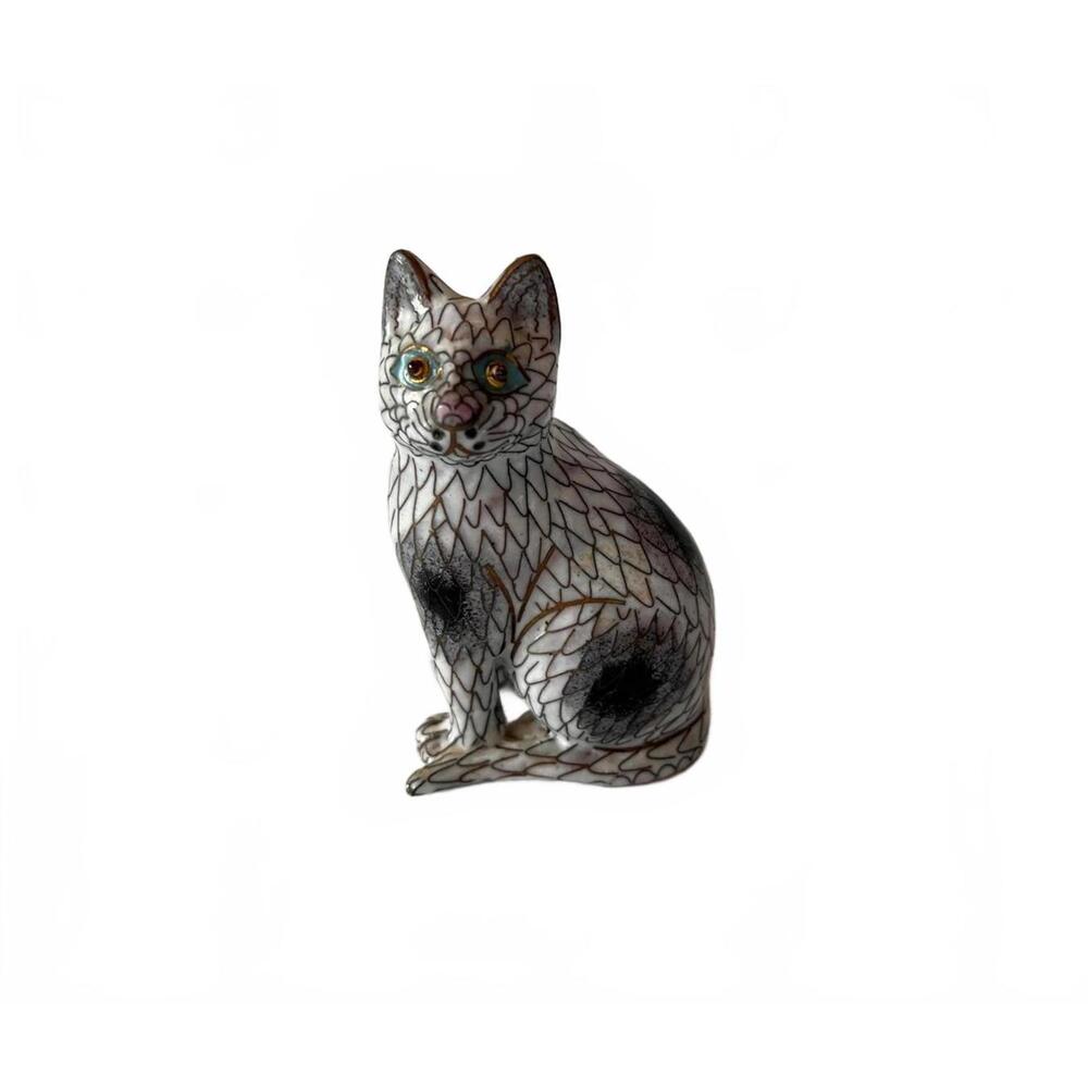 VTG Hand Painted Chinese Cloisonne Ceramic Cat 4" Figure Kitsch Kitty Trinket